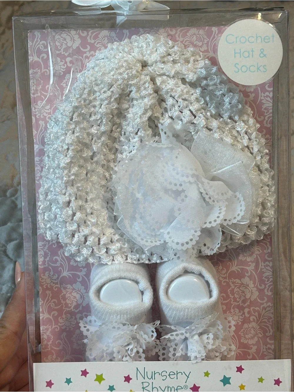 Nursery Rhyme White Crochet Baby Hat with Flower and Matching Socks